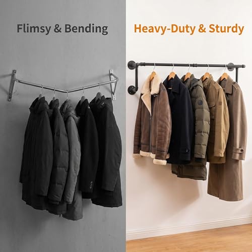 2-Pack Wall Mounted Industrial Pipe Clothing Racks with Flanges – Rustic Metal Garment Organizer