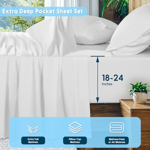 SONORO KATE 1000TC Egyptian Cotton King Sheets White, Extra Deep Pocket Bedding