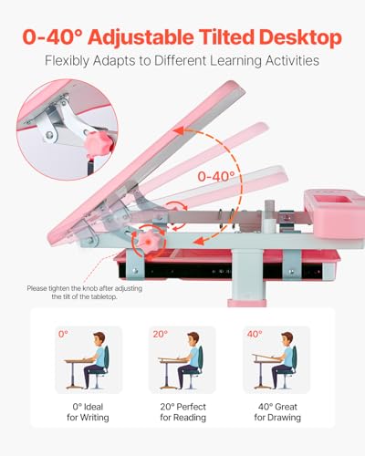 Kids Study Desk and Chair Set with Tilting Desktop, Table Lamp & Adjustable Height - Pink
