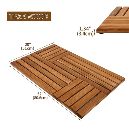 Utoplike 32x20 Inch Teak Wood Bath Mat Non-Slip Shower Floor Mat for Bathroom