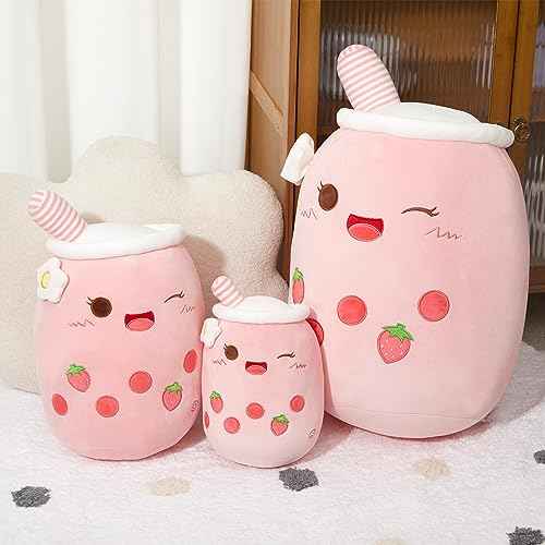 Athoinsu Light Up Strawberry Boba Tea Soft Plush Pillow 10'' Kawaii Milky Tea Stuffed Bubble Animal Toy with LED Lights Birthday Christmas Holiday Valentines Gifts for Kids,Girls,Boys