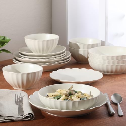 Cream White Malibu Shore 16-Piece Dinnerware Set for 4, Scalloped Edge Stoneware