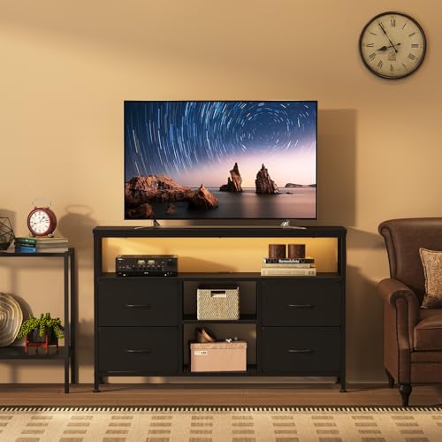 LED TV Stand with Charging Station for 50 Inch TVs - Black, 43.3x11.8x30.7 Inch