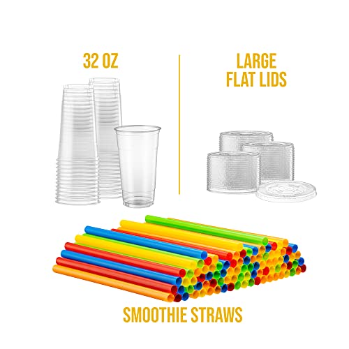 40 Sets 32 Oz Clear PET Plastic Cups with Flat Lids & Straws - Cold Drinks & Party Use