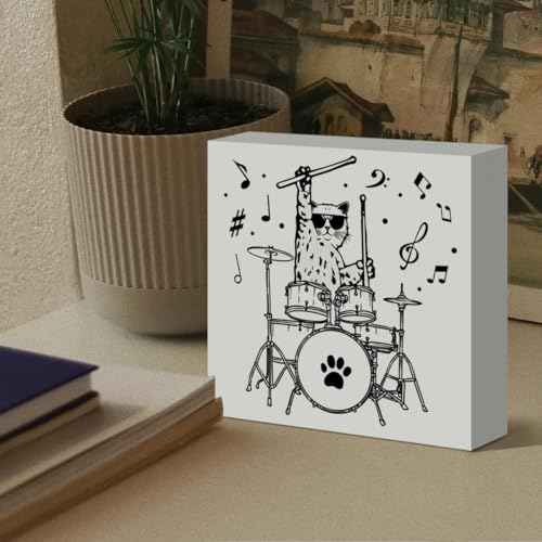 Drummer Gifts for Men Women Boy Girl, Birthday Christmas Drumming Gifts for Drummer Kids Teen Boy Girl Drum Player, Cat Playing Drums, Drum Room Man Cave Music Room Studio Wooden Box Sign