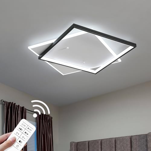 Square 1 Light Modern LED Ceiling Light Fixture - Dimmable Flush Mount 22" Black Bedroom Lighting with Remote