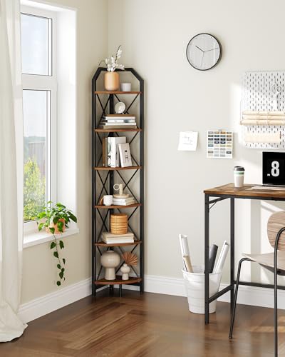 Corner Shelf 6-Tier Industrial Corner Bookshelf - Rustic Brown & Black, 71.2"