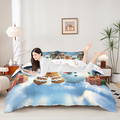 Manfei Blue Brown King Size Kids Bedding Set Gingerbread Snowman Christmas Quilt Cover