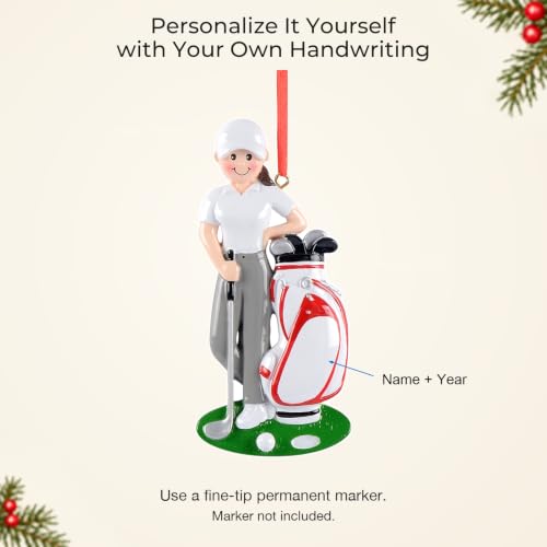 Female Golfer Christmas Tree Ornament 2026 with White Golf Bag and