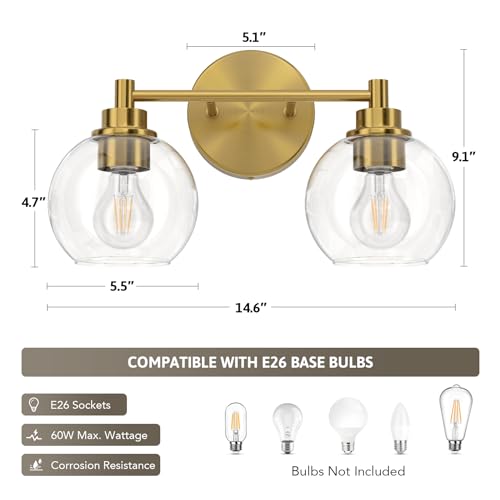 VONLUCE 2-Light Bathroom Vanity Light Fixture, Gold Finish, Modern Wall Sconce