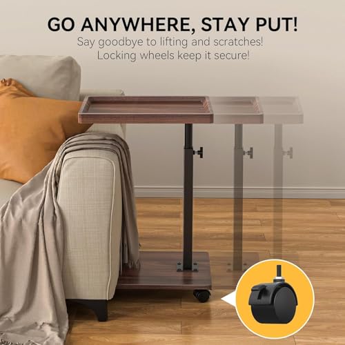 Walnut Brown Adjustable C End Side Table with 360° Swivel & Wheels, Space-Saving Sofa & Bed Snack Table - XNSDXV