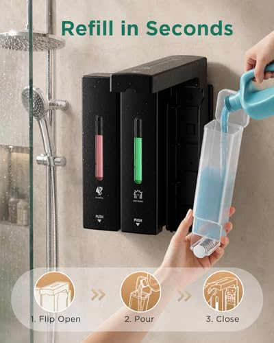 Aeakey Black Wall-Mounted 3-Chamber Shampoo & Conditioner Dispenser 1200ML Set