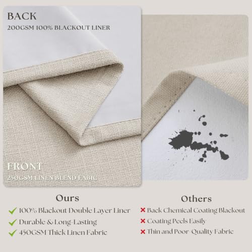 TWODRAPES 90 Inch Blackout Linen Curtains - Natural, 2 Panels, Pinch Pleat, 40"W x 90"L