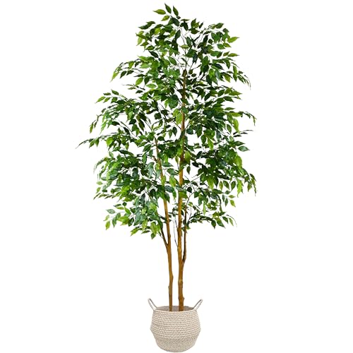 Warmplants 7ft Artificial Ficus Tree with Woven Basket - Realistic Fake Indoor Plant