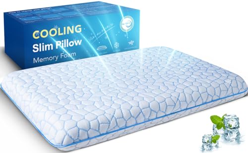 Ultra Slim Flat Pillow - Blue, 2.75-Inch Height, Cooling Memory Foam for Stomach Sleepers