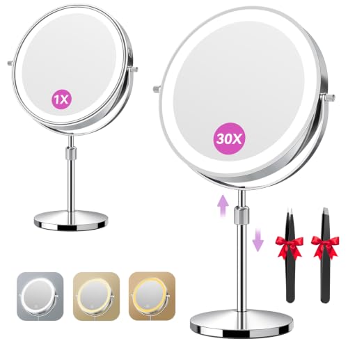 Auxmir Lighted Makeup Mirror 9-inch Chrome Tabletop with 1X/30X Magnification & Adjustable Height