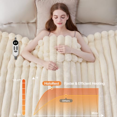HaloRest Cream White 50x60 Inch Heated Faux Fur Throw Blanket - Electric, Soft & Safe
