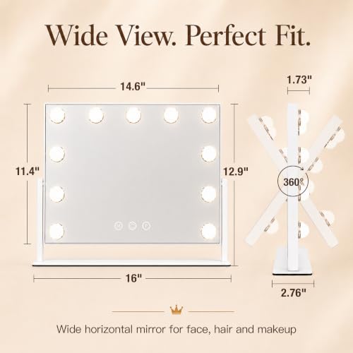 Hollywood Makeup Mirror with Lights - White Frame, 16 x 12.9 inch, Touch Control, 11 LED Bulbs, Detachable 10X Magnifier