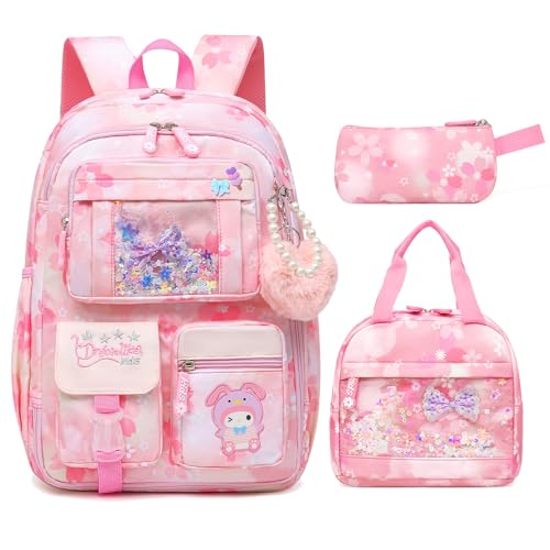 Girls Backpack School Bag 17 Inch Pink Kids Book Bag Multiple Pockets Splash-proof