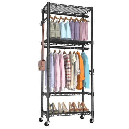 Adjustable Clothes Rack with 4 Tiers, Side Hooks, and Drawer - Black, 23" L x 13.18" W x 78.74" H