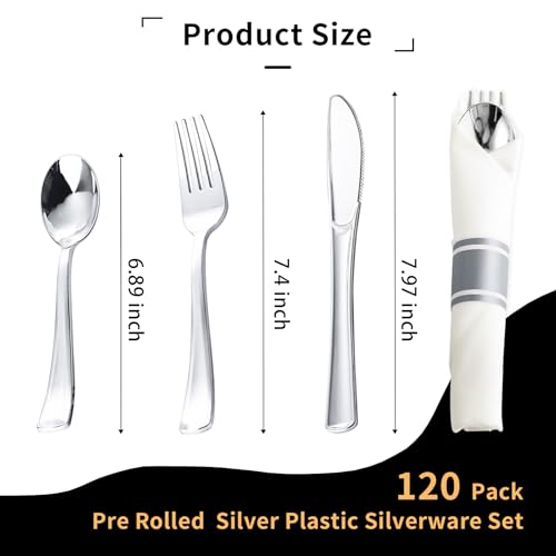 120 Pack Disposable Silver Plastic Silverware with Napkins - Heavy Duty & Elegant Design