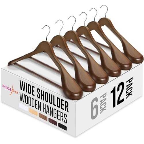 Wide Shoulder Wooden Hangers Set of 12 - Walnut Heavy Duty Suit & Coat Hangers with Non-Slip Pants Bar