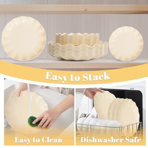 50 Pcs Reusable Plastic Dinner Plates Set - Beige, Unbreakable, Dishwasher Safe, 25 Guests