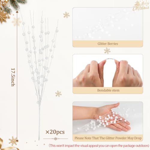N&T NIETING White Glitter Berry Stem Christmas Decorations 20 Pack – Artificial Tree Picks for Holiday Decor