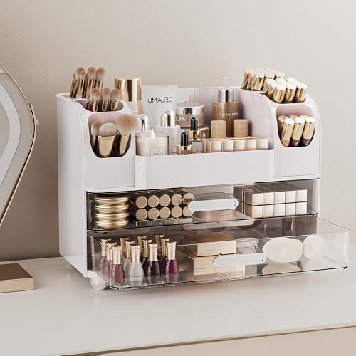 Delamu White Makeup Organizer Countertop with 6 Brush Holders — Large Vanity Storage