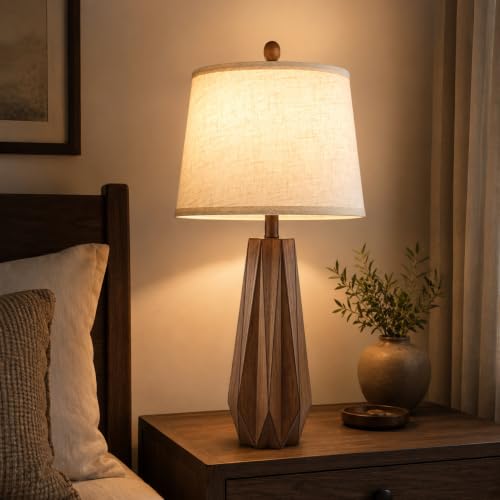 Brown 28-Inch Set of 2 Modern Wooden Base Table Lamps for Living Room & Bedroom - Geometric Design