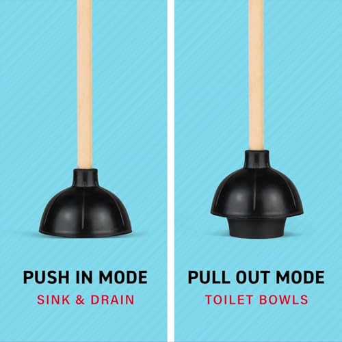 Heavy Duty Rubber Toilet Plunger Set - Black, Double Thrust Force, 3 Pack with 18" Wooden Handle