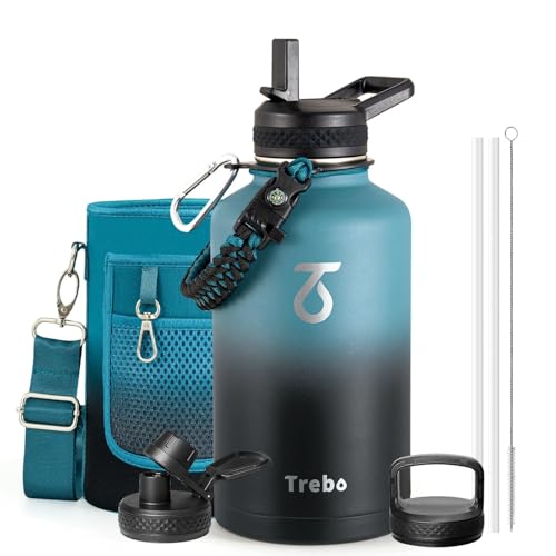 Indigo/Black 64 oz Stainless Steel Water Bottle with 3 Lids, Paracord Handle & Carrying Bag