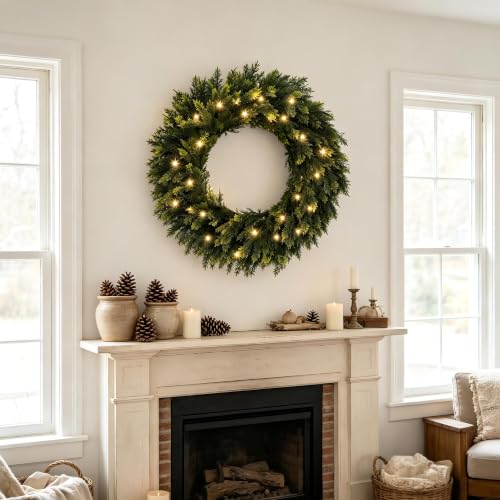 HipTree 30 Inch Real Touch Lighted Cedar Wreath for Front Door
