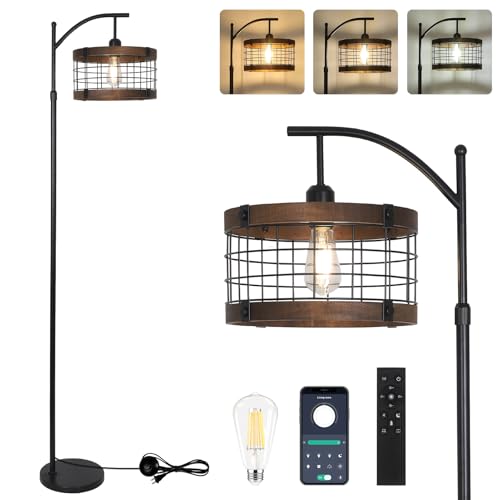 Arc Floor Lamp with Remote & Dimmable LED Bulb - Rustic Industrial Tall Lamp for Living Room & Bedroom