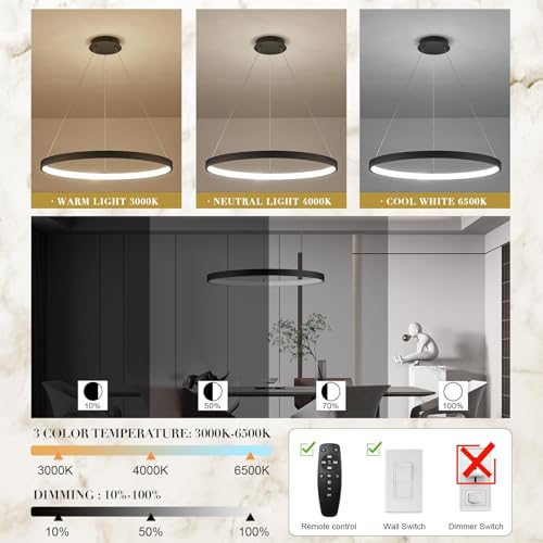 AIRYPHANT 23.6-Inch Black Inward Light Ring LED Pendant Chandelier Dimmable for Dining & Living Rooms