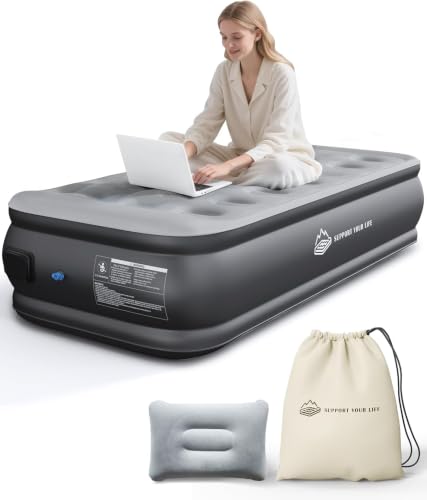 JUITOY Grey Twin Air Mattress with Built-in Pump, Portable Camping Bed