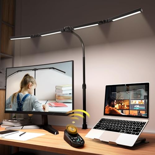 Black Adjustable LED Desk Lamp with Clamp & Remote, 4-Head Wide Light
