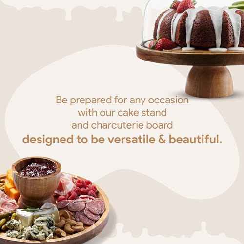 HOMESPHERE Wood Cake Stand with Lid - Round Classic Dome, 12-Inch 2-in-1 Charcuterie & Dessert Platter