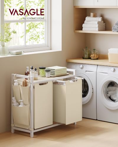 Laundry Hamper with Shelf and 2 Removable Bags - Cappuccino Beige + Natural Beige, 92L
