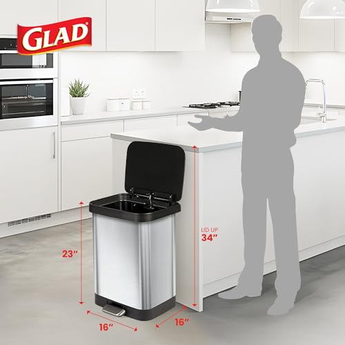 Stainless Steel Trash Can with Clorox Odor Protection - 13 Gallon, Soft-Close Lid, Fingerprint Resistant, Rear Bag Compartment - Stainless
