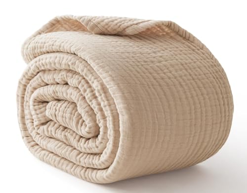 Queen 6-Layer Cotton Muslin Blanket - Beige, 90x90 Inches, Cozy & Breathable
