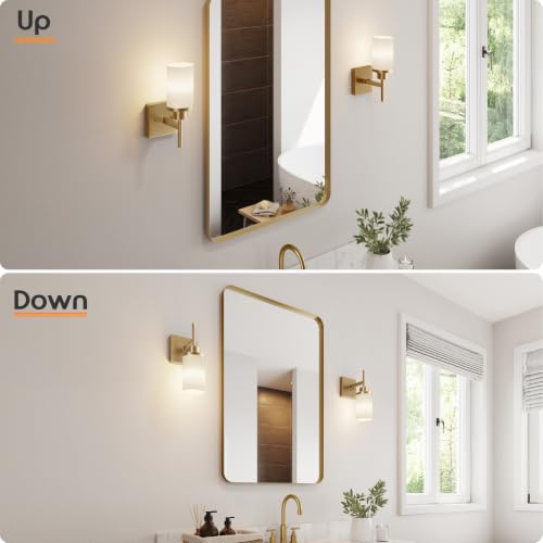 Vanity Lighting Fixtures 2 Pack with White Frosted Glass Shades - Champagne Bronze Wall Lamps for Bathroom & Bedroom - Up & Down Mounting