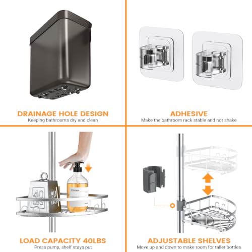Foukus Chrome Adjustable Tension Pole Shower Caddy - Rustproof Corner Bathroom Organizer