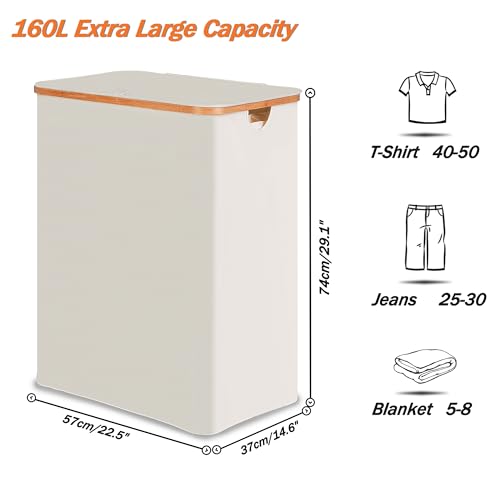 eFluky 3-Section Collapsible Laundry Hamper with Lid and Removable Mesh Bags, Large Beige