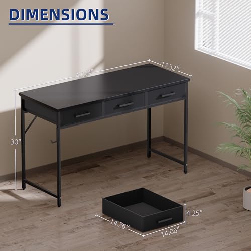 Pamray 47-Inch Small Black Computer Desk with 3 Fabric Drawers for Home Office & Study