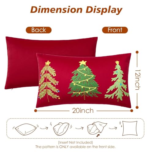 Red Velvet Embroidery Christmas Pillow Cover 12x20 Inch, Pack of 1