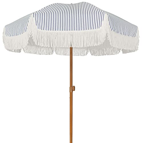 7ft Patio Umbrella with Fringe Navy Blue Stripes UPF50+ Tilt & Steel Pole