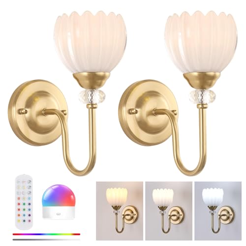 Battery Operated Wall Sconce Set of 2 - Dimmable Tulip Shade with Remote Control