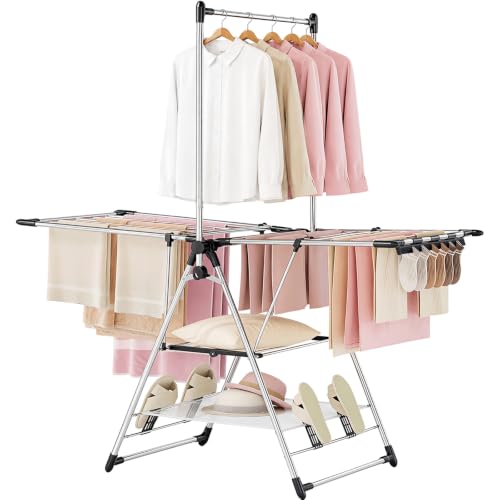 APEXCHASER Clothes Drying Rack with High Hanger - Silver, 2 Wings, 3-Level Adjustable