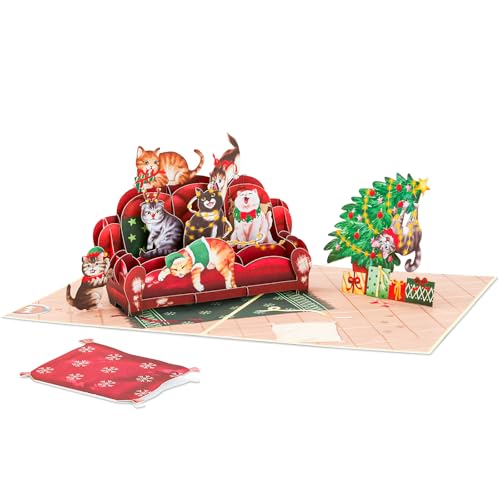 Christmas Sofa Cats Pop Up Card, Meowy Christmas, Xmas Tree, 3D